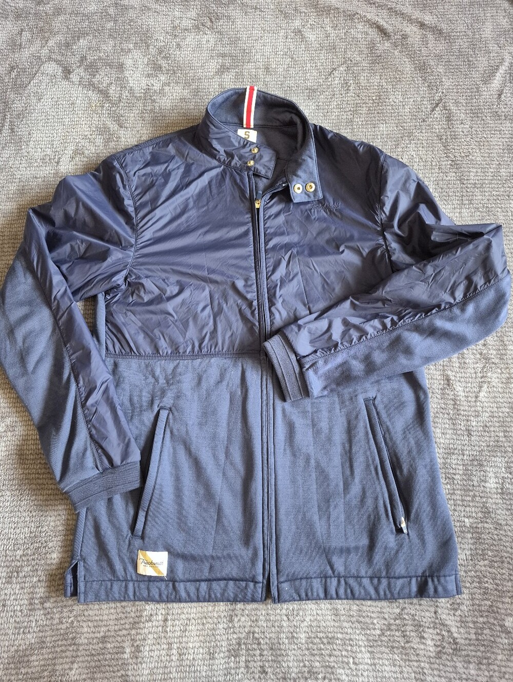 Tracksmith Men's S Nsvy Blue Full Zip Stand-Up Collar Jacket w/ Pockets Logo